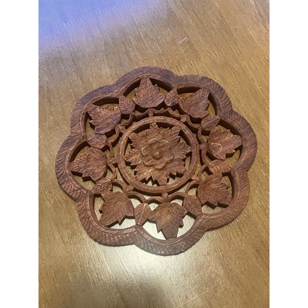 Vtg Wooden Hand Carved Trivet Riser Hot Pad Plant Seat Stamped 287 INDIA 7” Boho